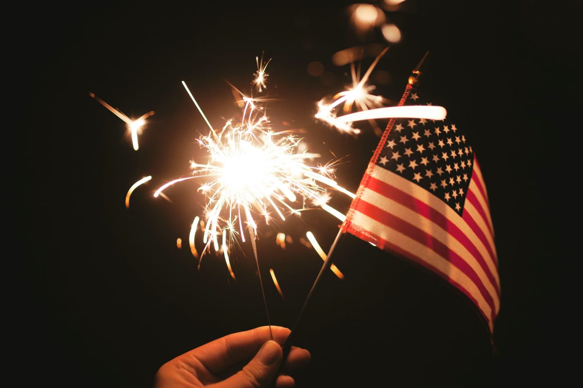 Fireworks and flag